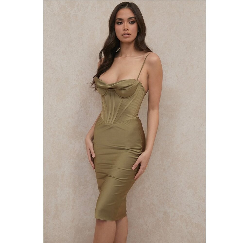 FINAL REDUCTION* new tag defaced House of CB Myrna Olive Corset Satin Slip Dress
